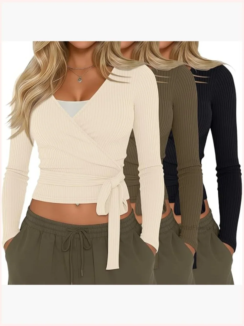 3-Pack Women's Long Sleeve Cross Wrap Tie Top Yoga Workout Blouse - Picture 1 of 7
